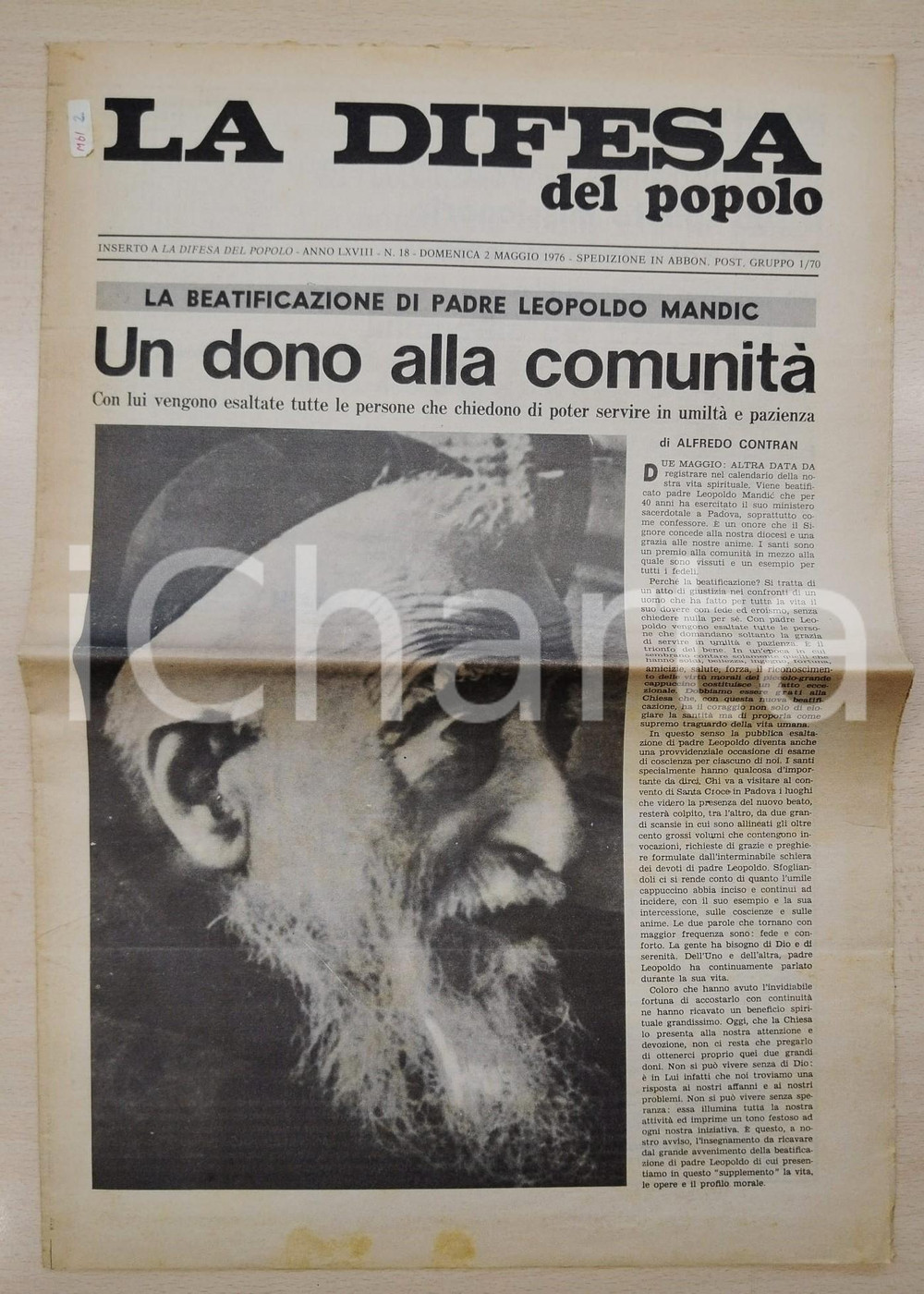 Giornale, rivista storica 1976 PADOVA  LA DIFESA DEL POPOLO Beatificazione Padre Leopoldo MANDIC 1