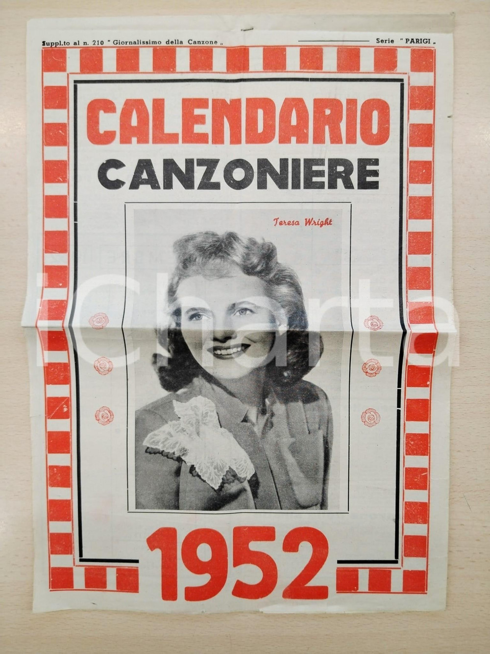 Oggetto da collezione cartaceo 1952 CALENDARIO CANZONIERE Teresa WRIGHT Suppl. Giornalissimo della canzone 210 1