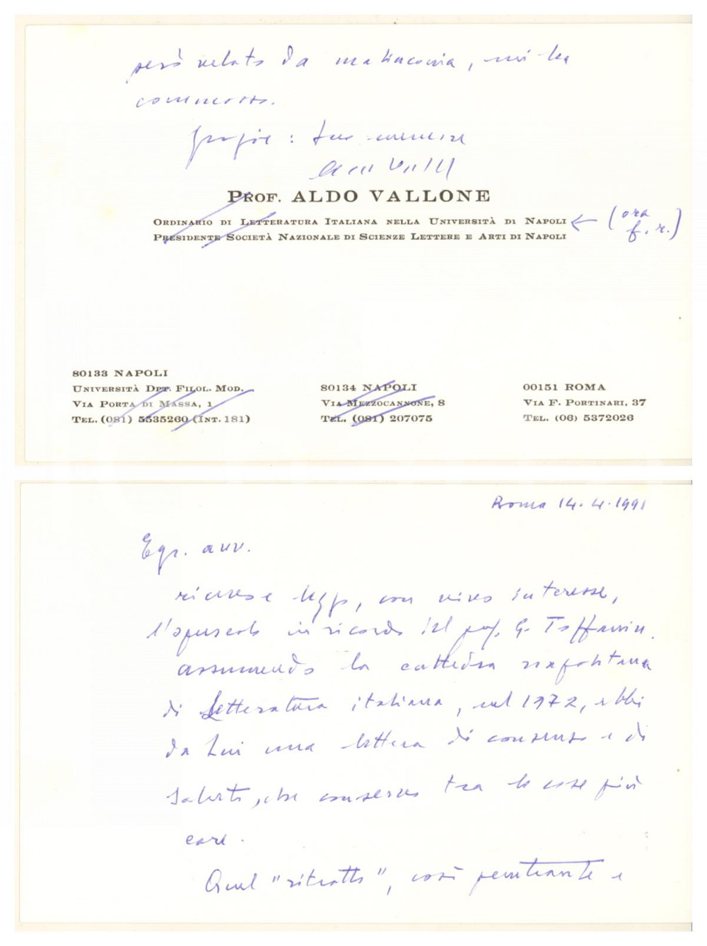 Autografo originale 1991 ROMA Biglietto prof. Aldo VALLONE per ringraziamento Autografo 1