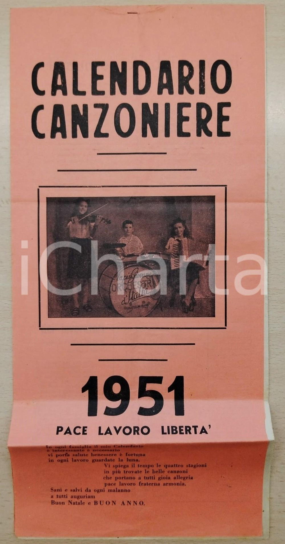 Oggetto da collezione cartaceo 1951 CALENDARIO CANZONIERE di Marino PIAZZA  Pace, lavoro e libertà 1