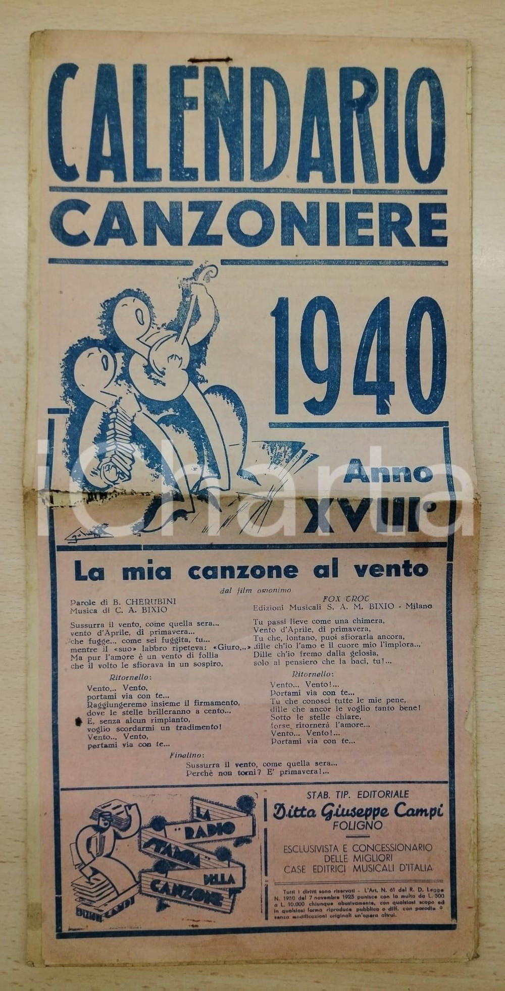 Oggetto da collezione cartaceo 1940 CALENDARIO CANZONIERE Ed. Ignazio SAVASTA  MESSINA 1