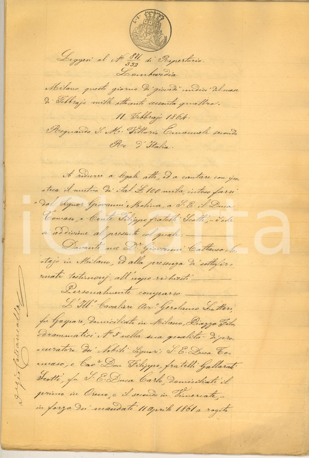 Documento originale, autentico 1864 MILANO Contratto mutuo Giovanni MOLINA ai duchi GALLARATI SCOTTI 1