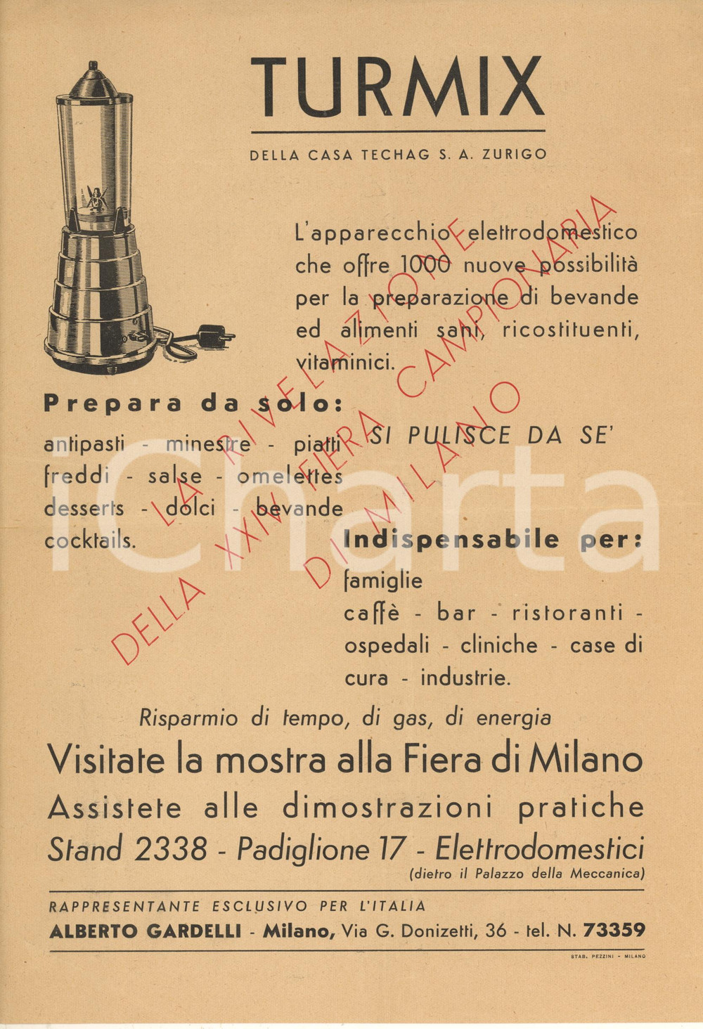 Materiale pubblicitario d’epoca 1950 ca Ditta TECHAG S.A. ZURIGO  TURMIX Apparecchio per bevande Pubblicitario 1