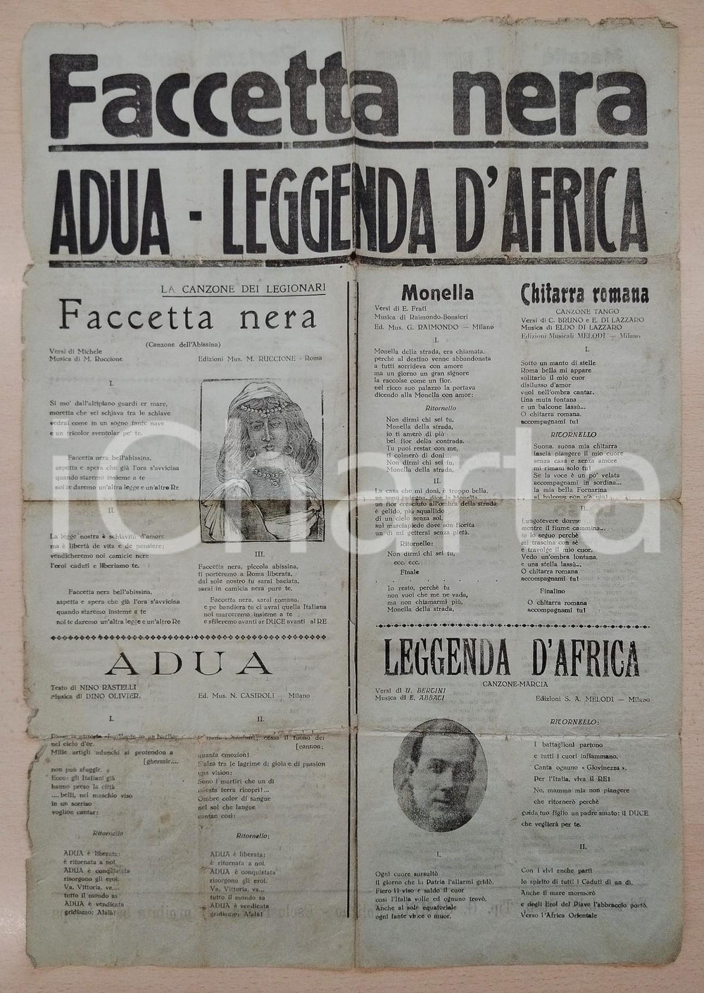 Libro, pubblicazione d epoca 1930 ca FACCETTA NERA Adua LEGGENDA D AFRICA Manifesto con i testi delle canzoni 1