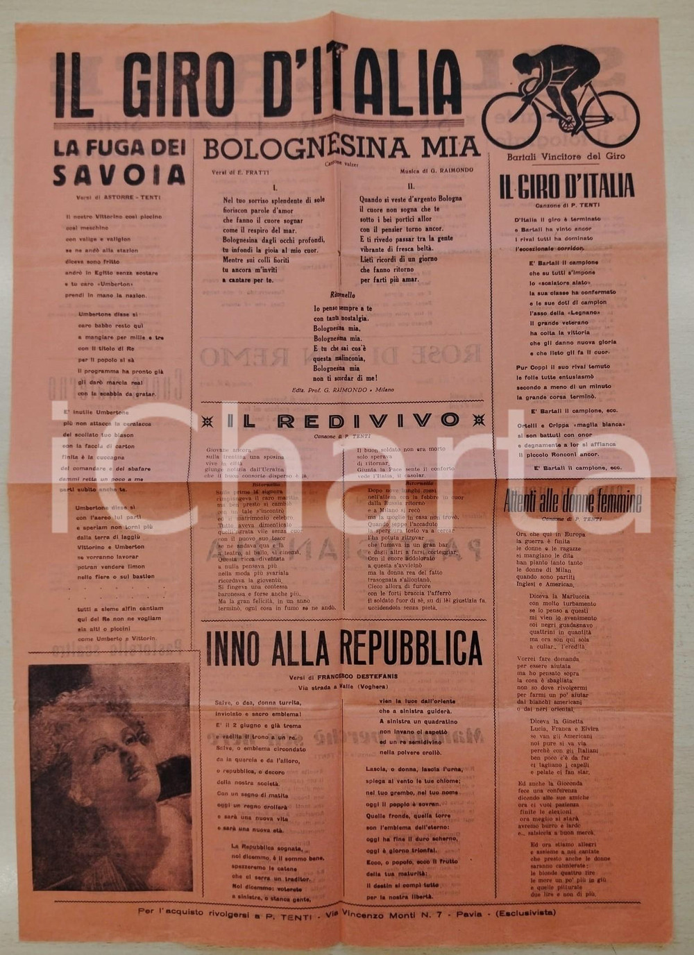 Libro, pubblicazione d epoca 1946 P. TENTI Canzone a Gino BARTALI vincitore GIRO D ITALIA Manifesto con testi 1