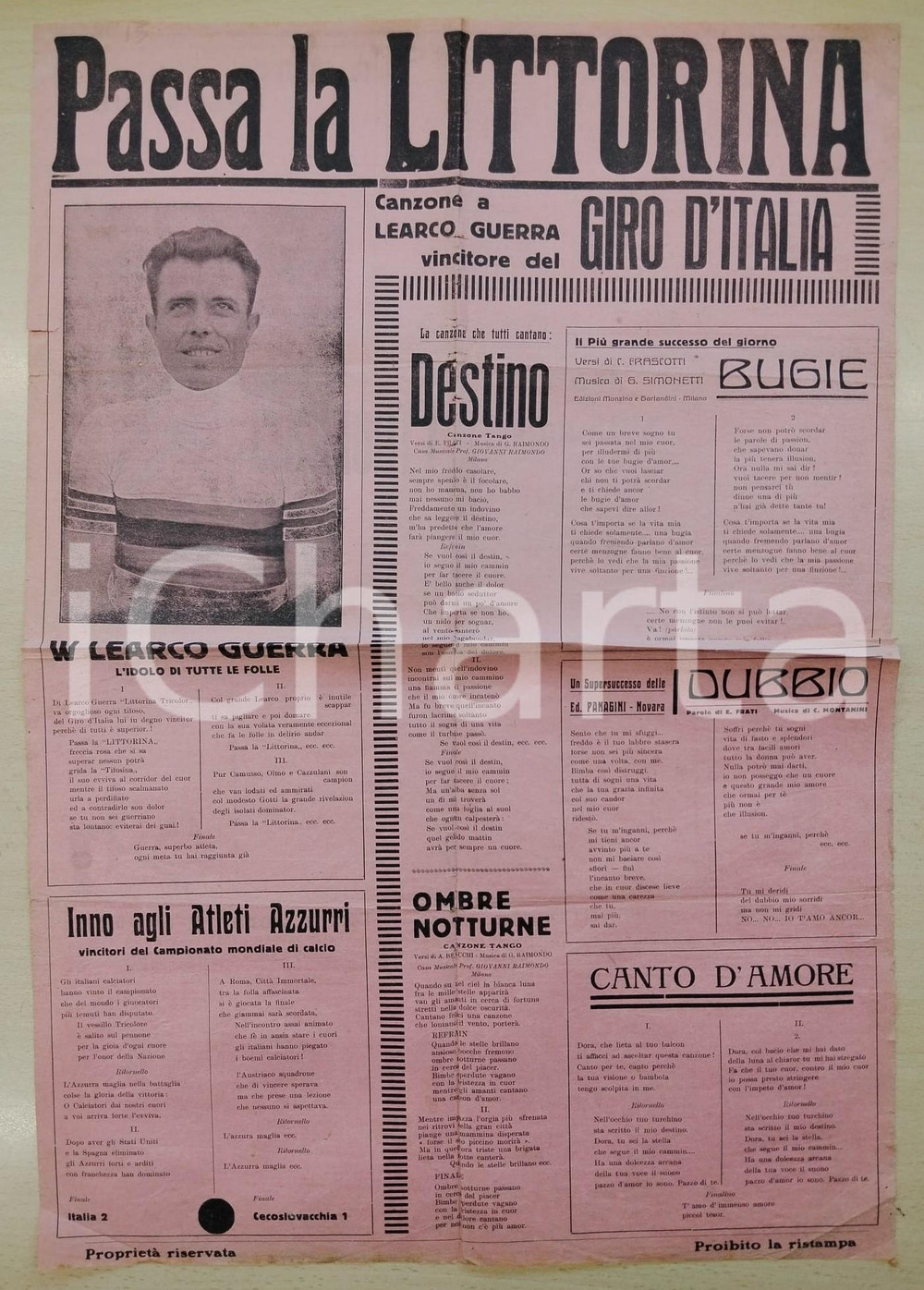 Libro, pubblicazione d epoca 1934 PASSA LA LITTORINA Canzone Learco GUERRA vincitore GIRO D ITALIA Manifesto 1