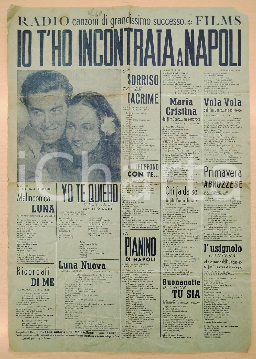 Libro, pubblicazione d epoca 1950 ca IO T HO INCONTRATA A NAPOLI Manifesto con testi di canzoni ED. CEI 1