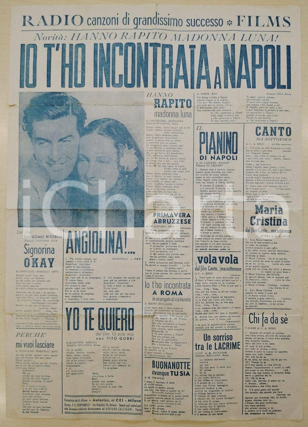 Libro, pubblicazione d epoca 1950 ca IO T HO INCONTRATA A NAPOLI Manifesto con testi di canzoni ED. CEI 1 1