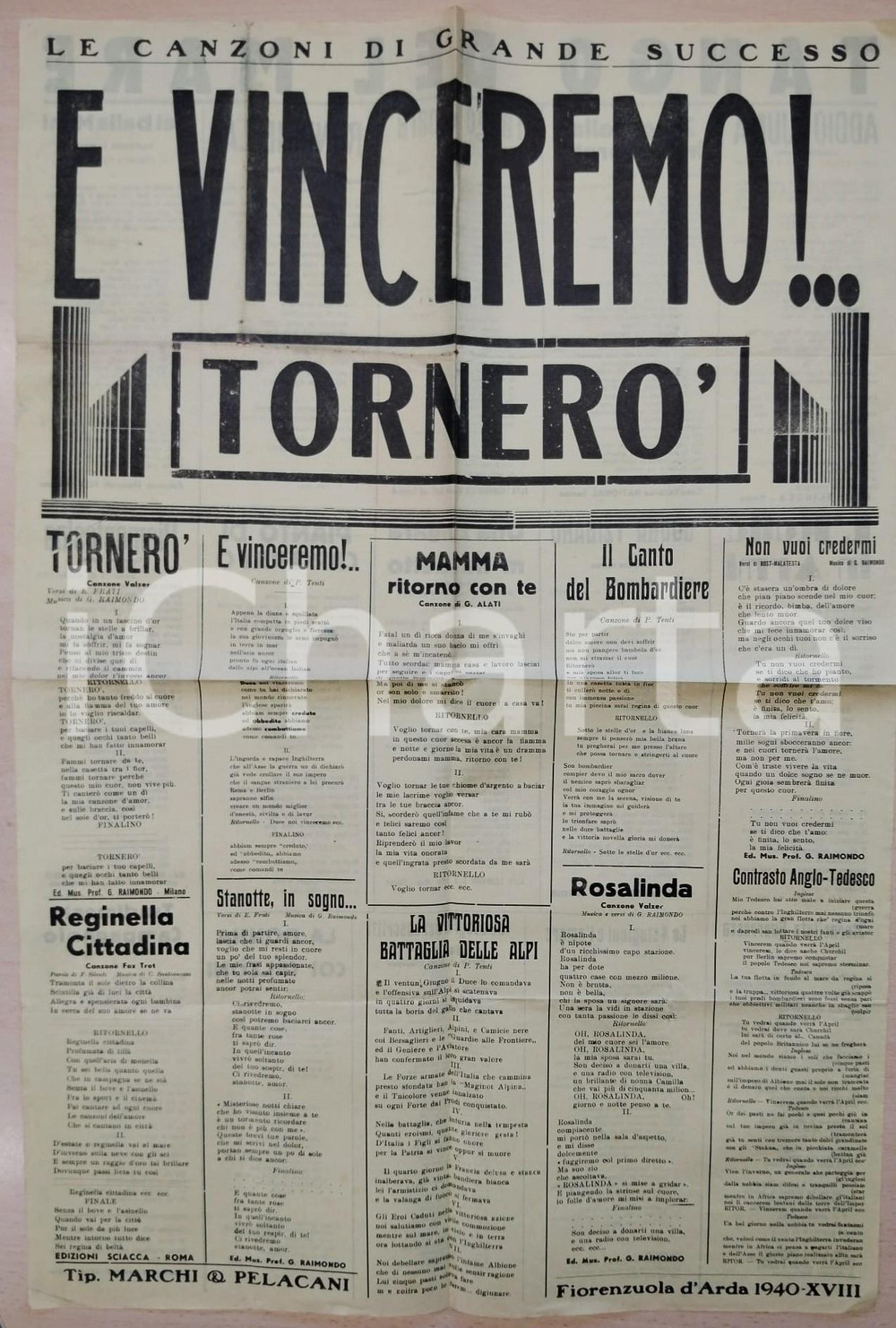Libro, pubblicazione d epoca 1940 E VINCEREMO!  TORNERÒ Manifesto con testi di canzoni MARCHI E PELACANI 1