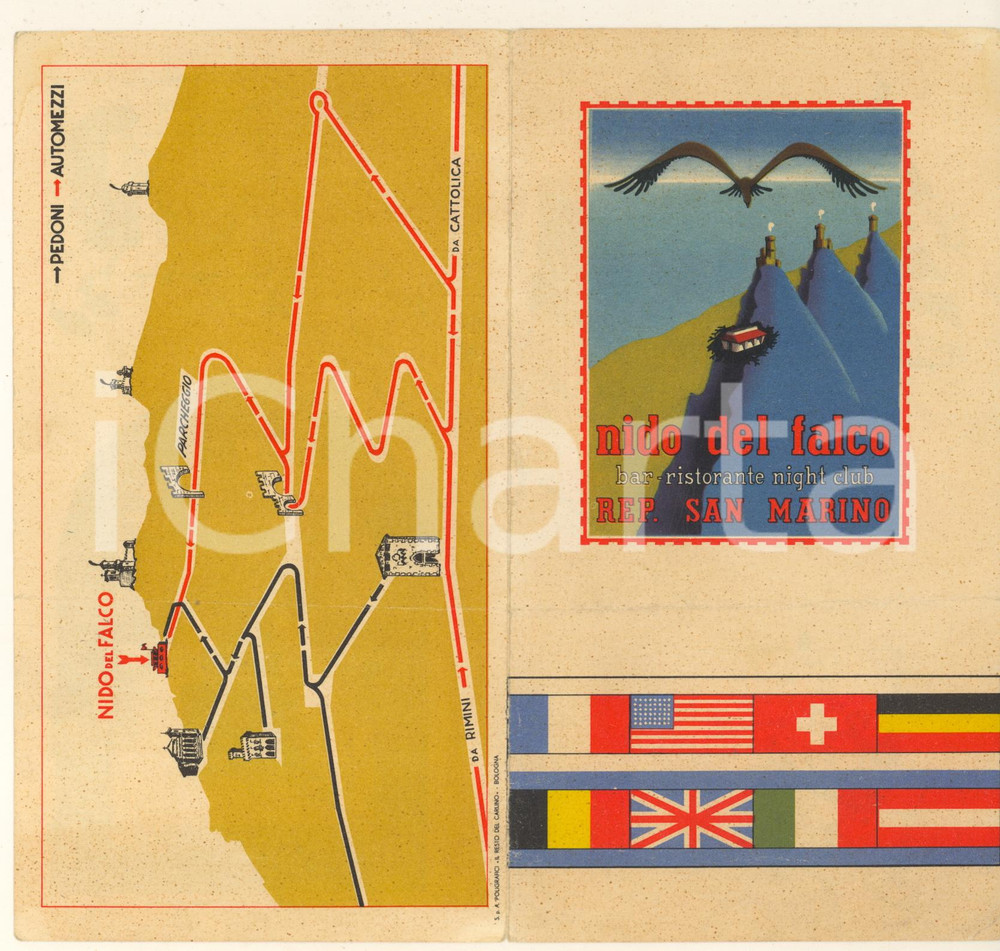 Materiale pubblicitario d’epoca 1970 ca SAN MARINO  NIDO DEL FALCO ristorante night club Pieghevole 1