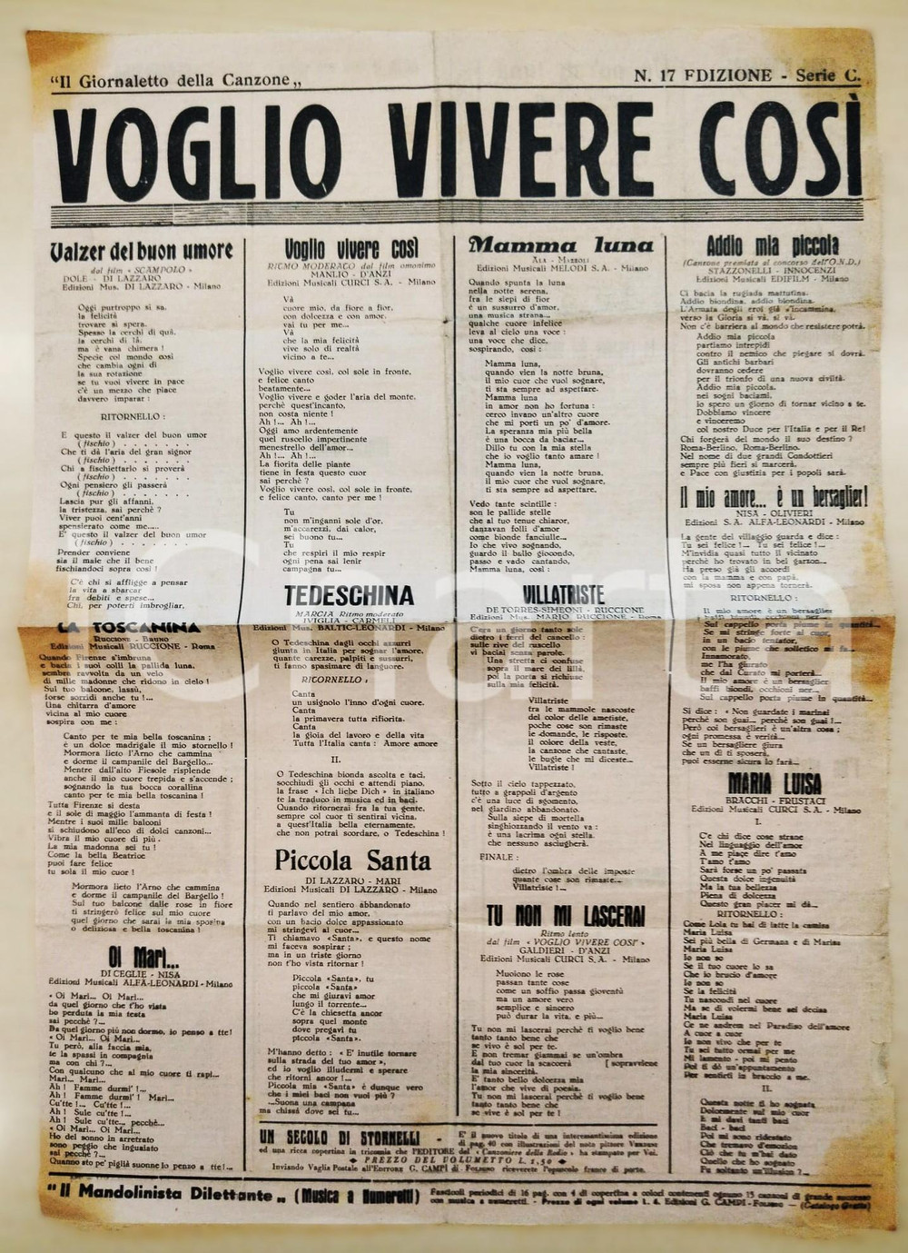Libro, pubblicazione d epoca 1950 ca VOGLIO VIVERE COSÍ Giornaletto della canzone n.17 Serie C Manifesto 1