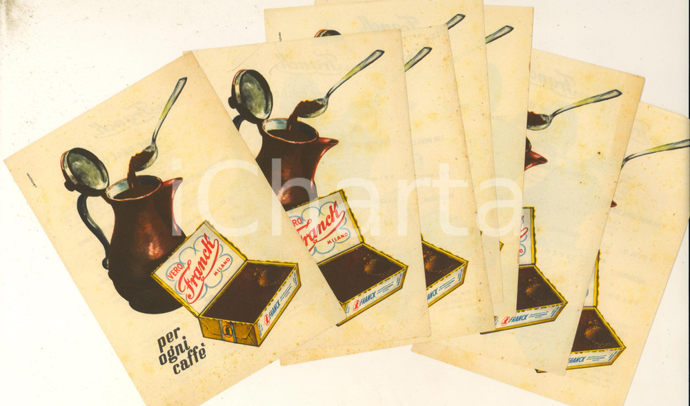 Materiale pubblicitario d’epoca 1940 ca MILANO  VERO FRANCK per caffè Lotto 7 volantini ill. CAVADINI 1