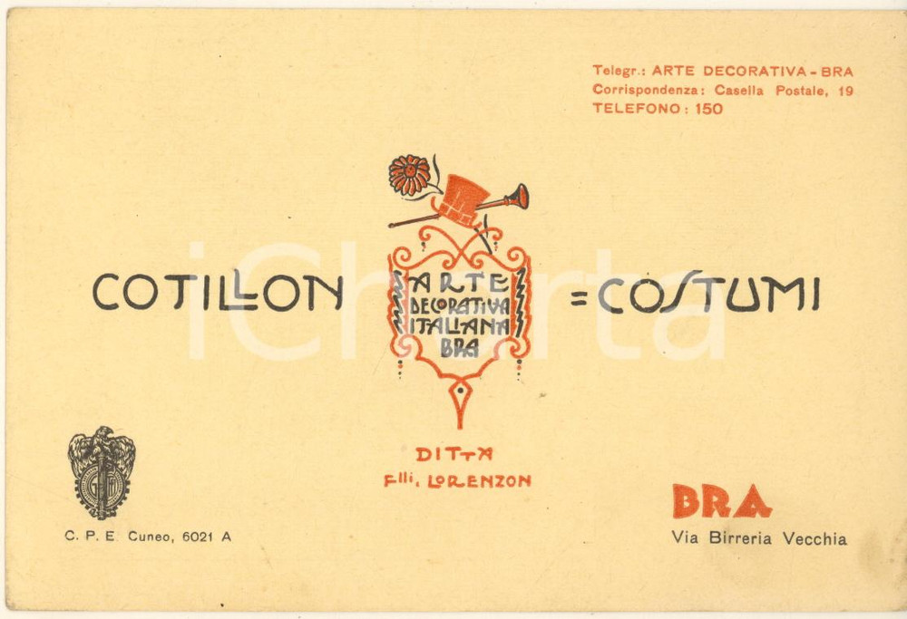 Materiale pubblicitario d’epoca 1920 ca BRA CN Arte Decorativa  Cotillon  Costumi Biglietto pubblicitario 1