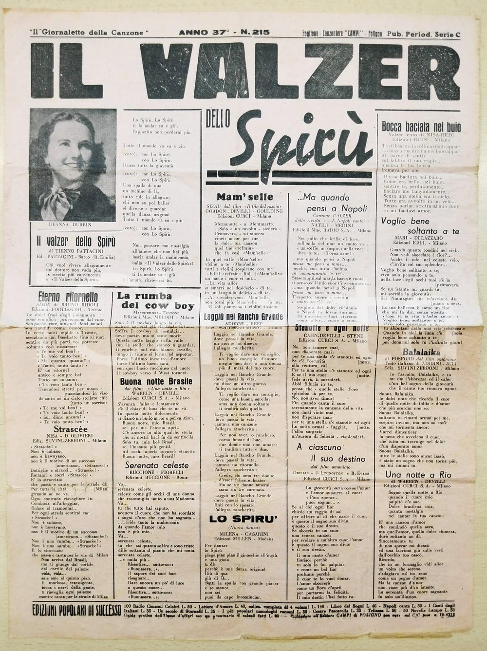 Libro, pubblicazione d epoca 1940 ca VALZER DELLO SPIRÙ Giornaletto della canzone Anno 37 n.215 Manifesto 1