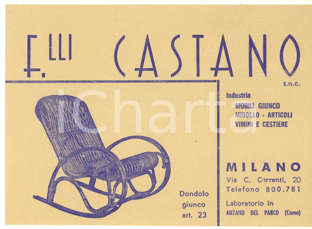 Materiale pubblicitario d’epoca 1960 ca MILANO Via Correnti  F.LLI CASTANO Mobili giunco Biglietto 1