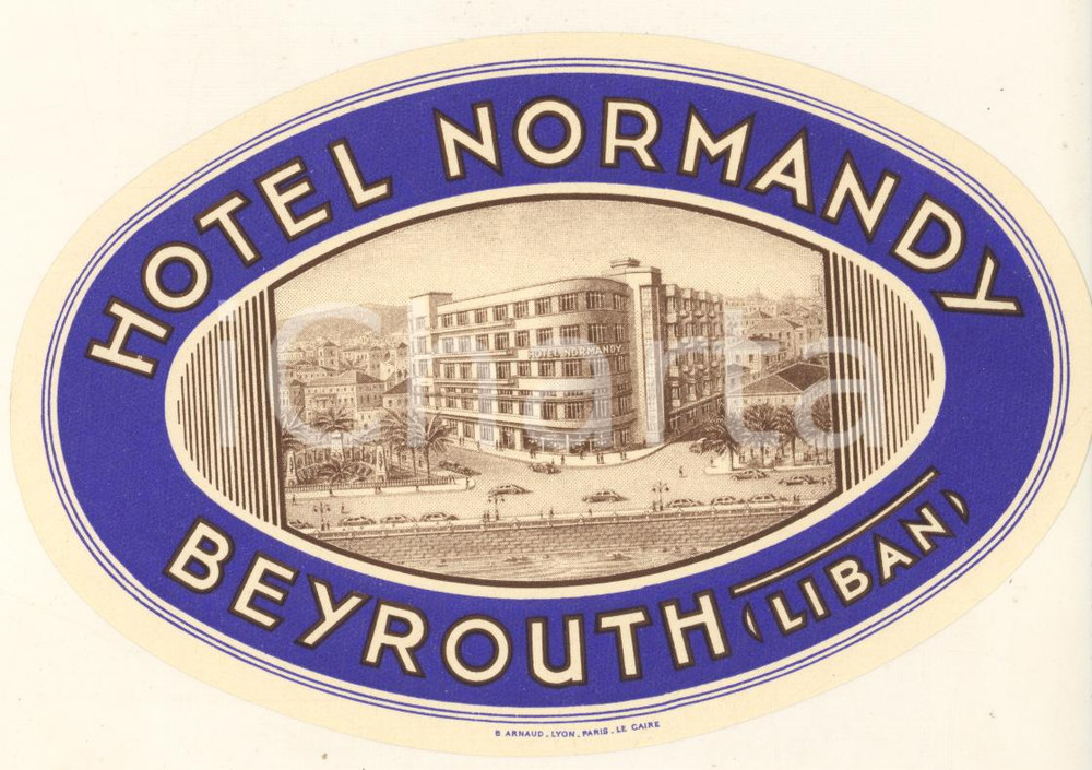 Materiale pubblicitario d’epoca 1950 ca BEYROUTH LIBAN Hotel NORMANDY  Etichetta ILLUSTRATA 14x10 cm 1 1