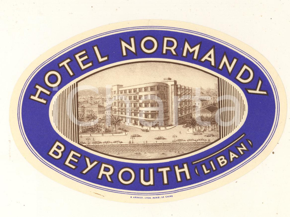 Materiale pubblicitario d’epoca 1950 ca BEYROUTH LIBAN Hotel NORMANDY  Etichetta ILLUSTRATA 14x10 cm 2 1