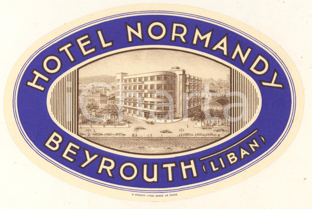 Materiale pubblicitario d’epoca 1950 ca BEYROUTH LIBAN Hotel NORMANDY  Etichetta ILLUSTRATA 14x10 cm 3 1