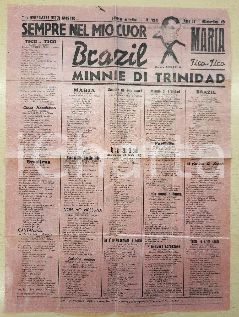 Libro, pubblicazione d epoca 1935 ca SEMPRE NEL MIO CUOR Giornaletto della canzone Anno 33 n.134 Manifesto 1