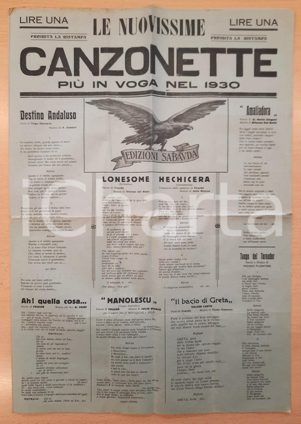 Libro, pubblicazione d epoca 1930 Nuovissime canzonette più in voga  Manifesto con canzoni  Ed. ZOBOLI 1