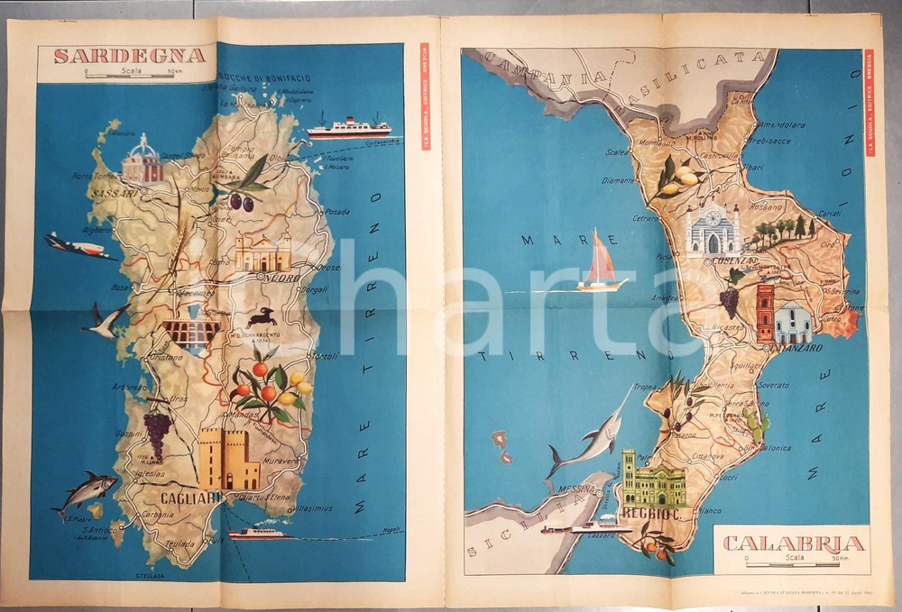 Mappa, planimetria storica 1961 SARDEGNA  CALABRIA Cartina  Allegato a SIM Scuola Italiana Moderna 1