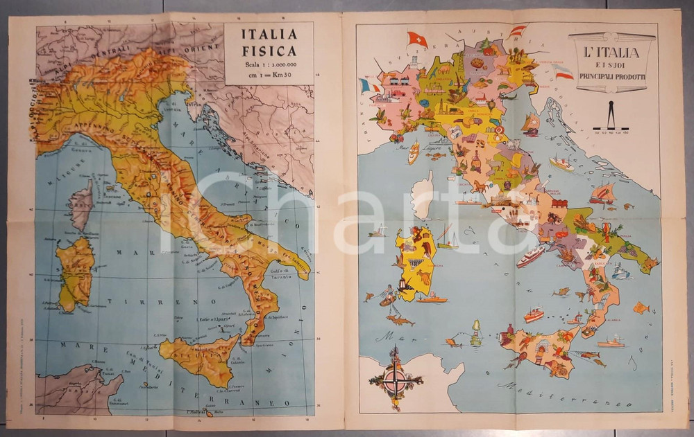 Mappa, planimetria storica 1959 ITALIA E I SUOI PRODOTTI e cartina fisica SIM Scuola Italiana Moderna 1