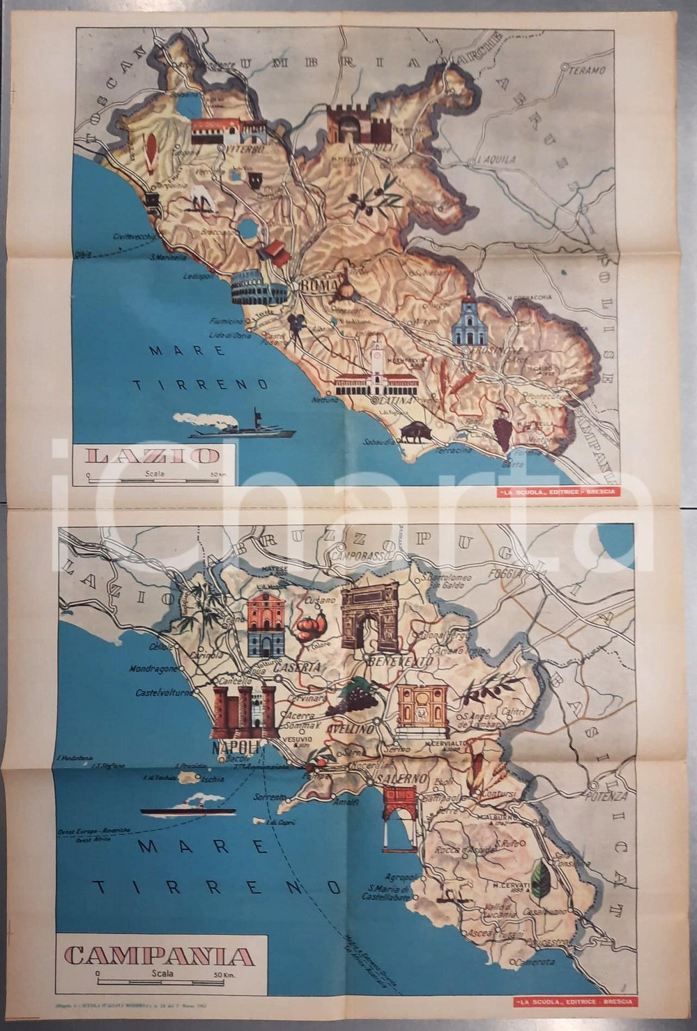 Mappa, planimetria storica 1961 LAZIO  CAMPANIA Cartina  Allegato al n.15 di SIM Scuola Italiana Moderna 1