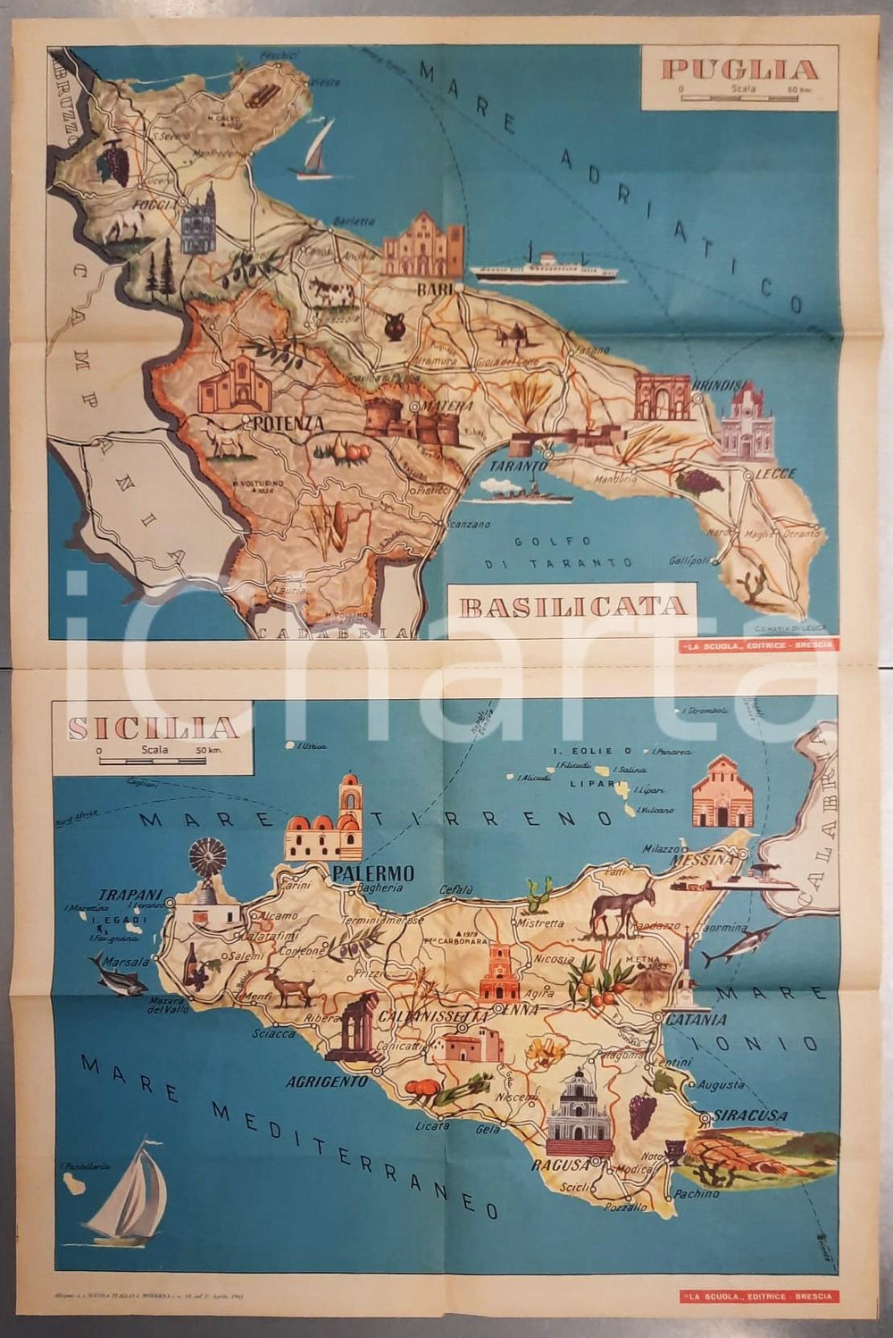Mappa, planimetria storica 1961 PUGLIA  BASILICATA  SICILIA Cartina Allegato SIM Scuola Italiana Moderna 1