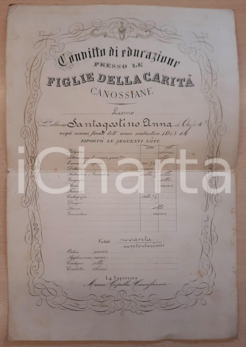 Oggetto da collezione cartaceo 1914 LESMO Convitto Canossiano FIGLIE DELLA CARITÀ Pagella Anna SANTAGOSTINO 1