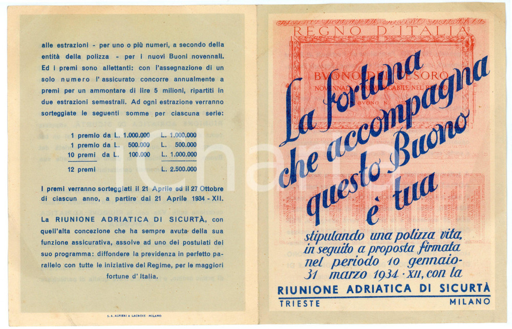 Oggetto da collezione cartaceo 1934 TRIESTE Riunione Adriatica di sicurtà  Fortuna a chi si assicura  Buono 1