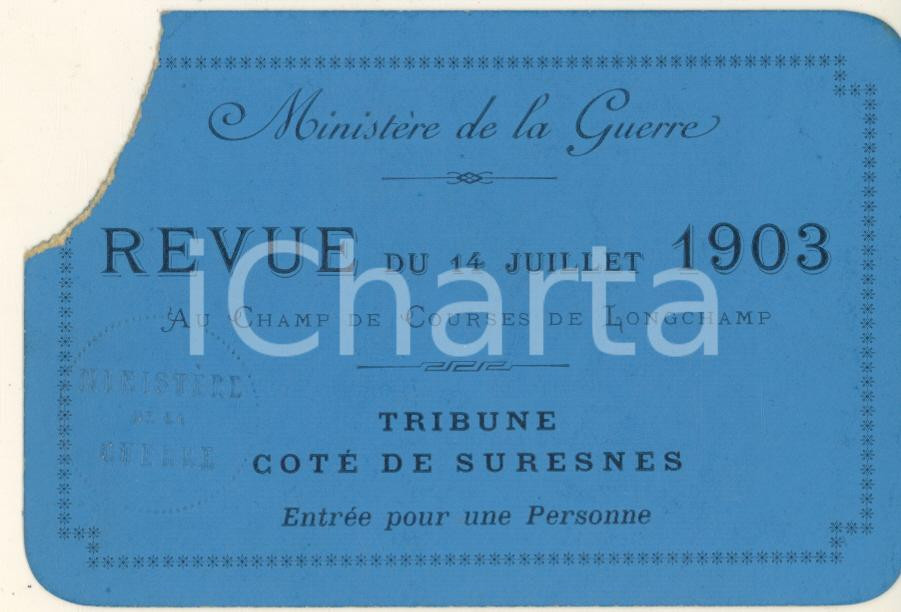 Oggetto da collezione cartaceo 1903 FRANCE Ministère de la Guerre  Revue 14 Juillet  Champ LONGCHAMP Billet 1