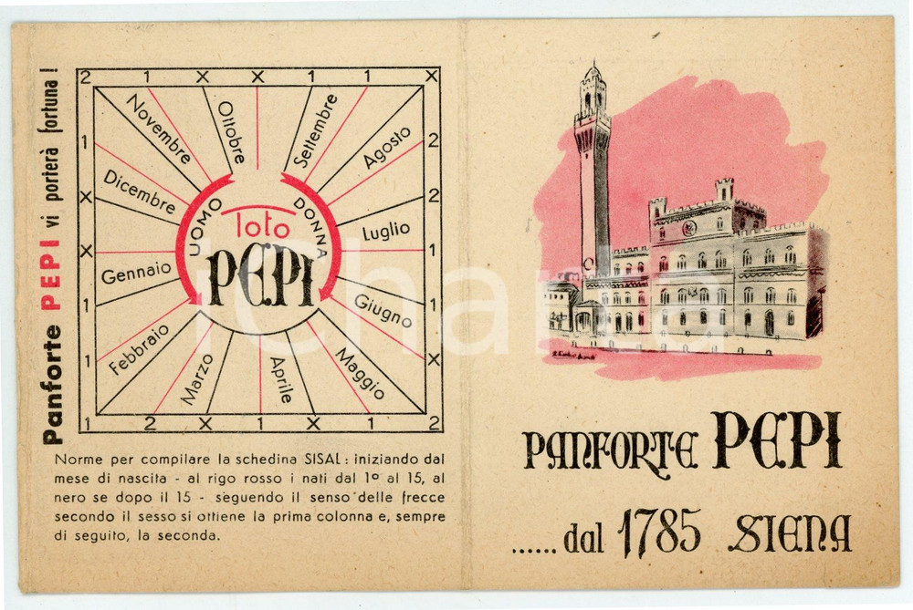 Oggetto da collezione cartaceo 1955 PISA Panforte PEPI Pan pepato  Calendarietto con calcolo schedina SISAL 1