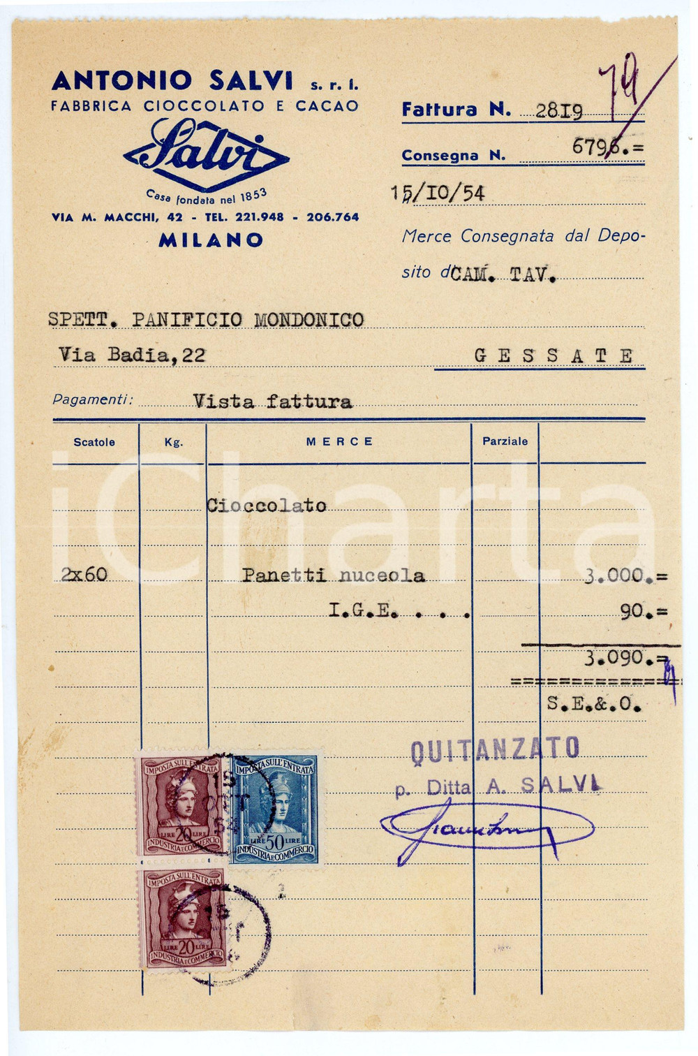 Documento originale, autentico 1954 MILANO Via M. Macchi 42 Antonio SALVI Fabbrica cioccolato e cacao  Fattura 1