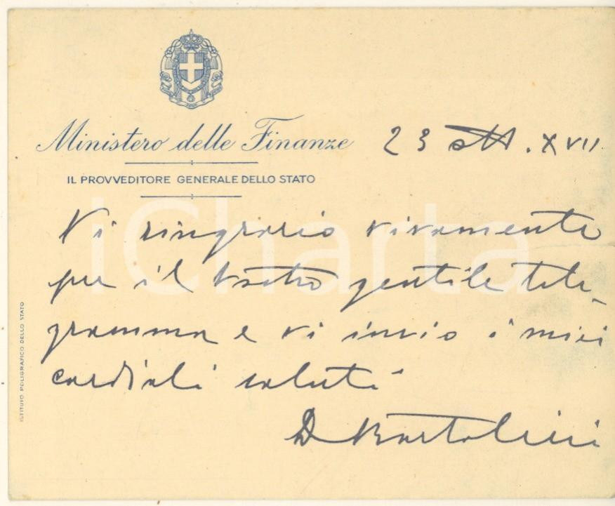 Autografo originale 1939 MINISTERO FINANZE Biglietto Domenico BARTOLINI Provveditore AUTOGRAFO 1