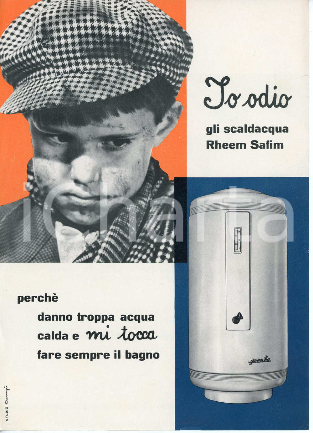 Materiale pubblicitario d’epoca 1960 ca MILANO Io odio gli scaldabagni RHEEM SAFIM Volantino pubblicitario 1