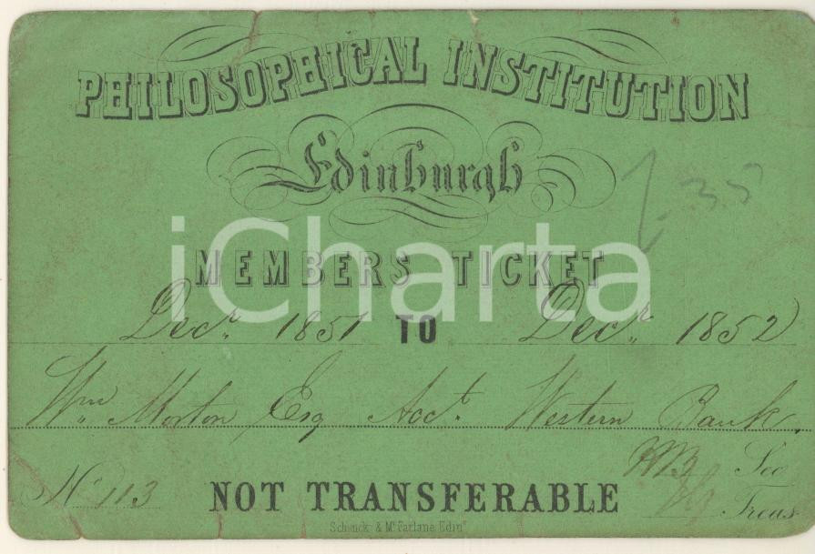 Oggetto da collezione cartaceo 1852 EDINBURGH  Philosophical Institution  Members ticket 1