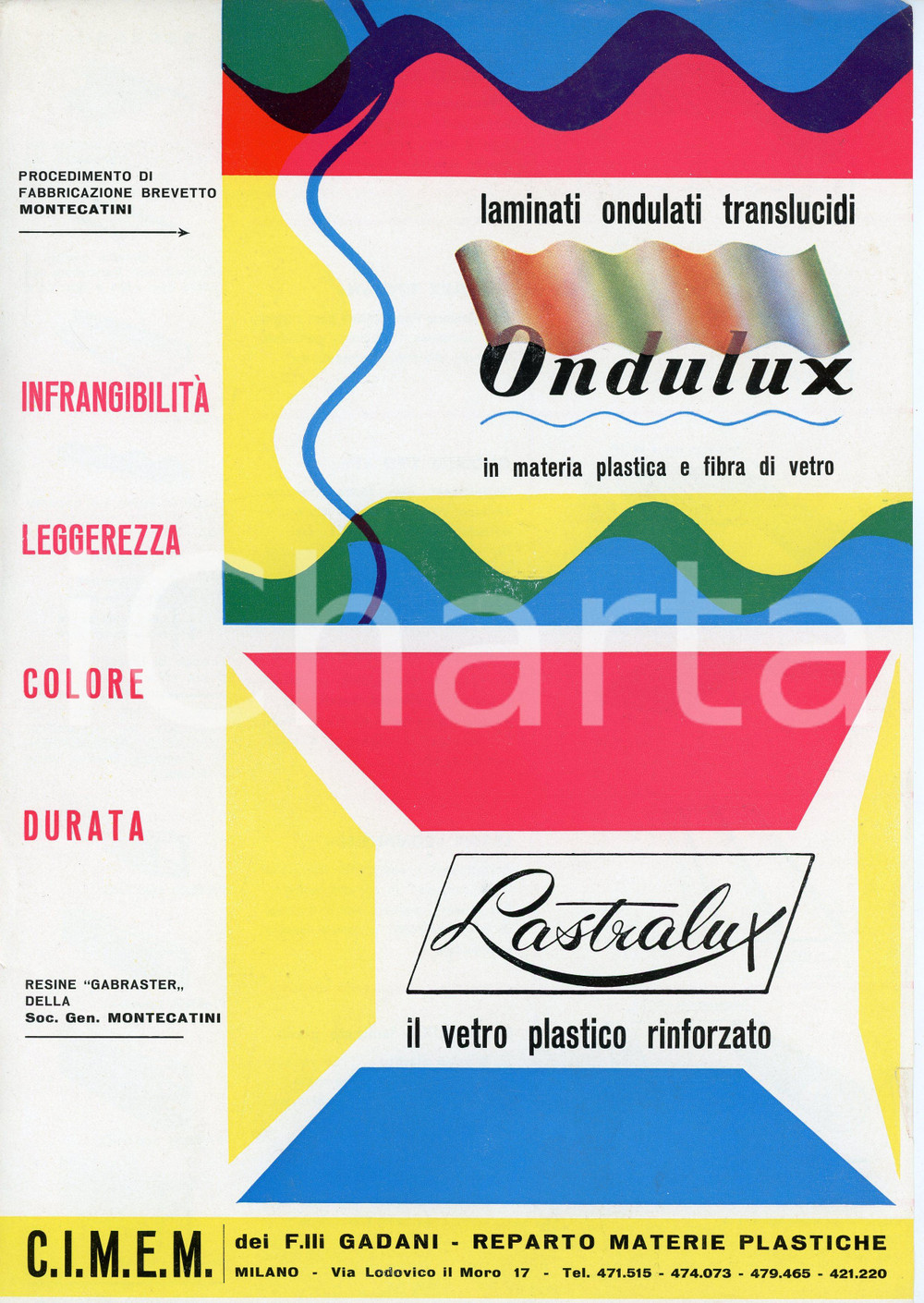 Materiale pubblicitario d’epoca 1960 MILANO  CIMEM Ugo e Carlo GADANI Laminati ONDULUX e LASTRALUX Volantino 1