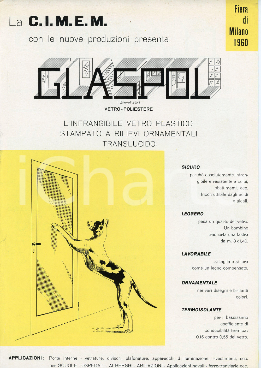 Materiale pubblicitario d’epoca 1960 MILANO  CIMEM F.lli Ugo e Carlo GADANI Vetro plastico GLASPOL Volantino 1