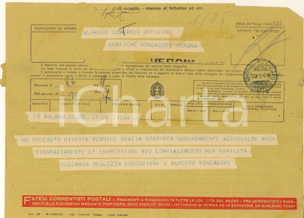 Documento originale, autentico 1939 Telegramma Alberto MONDADORI  Rivista GRAZIA stampata superbamente 1