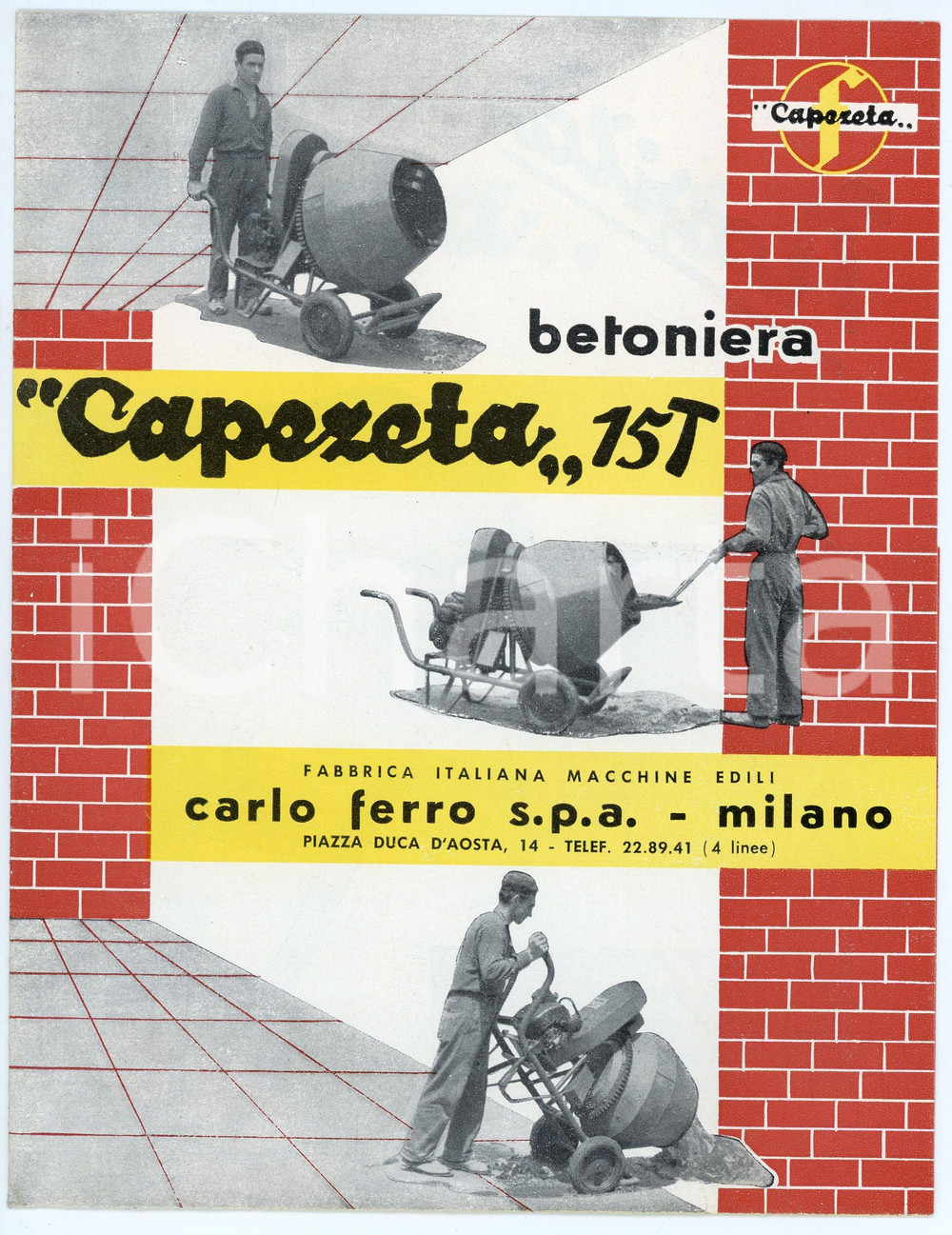 Materiale pubblicitario d’epoca 1960 ca MILANO Macchine edili Carlo FERRO SPA Betoniera CAPEZETA 15t Pieghevole 1