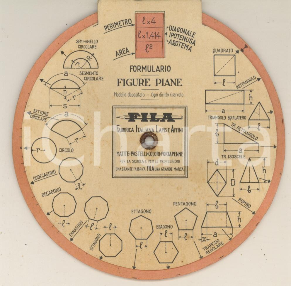 Materiale pubblicitario d’epoca 1950 ca FILA Fabbrica Italiana Lapis   Disco pubblicitario solidi /figure piane 1
