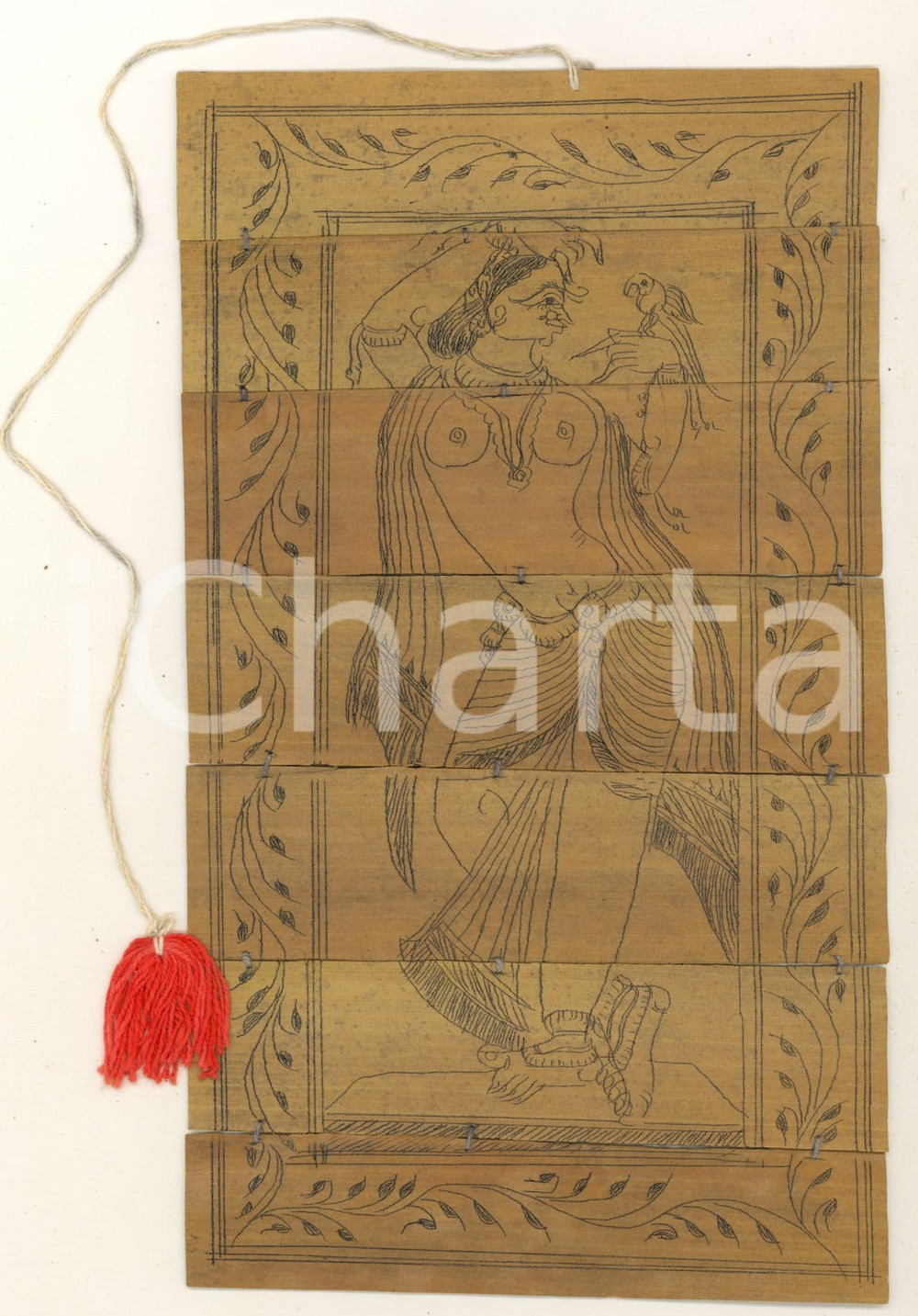 Stampa, bozzetto originale 1900 ca INDIA Figura di danzatrice  Disegno su foglie di palma 14x24 cm 1