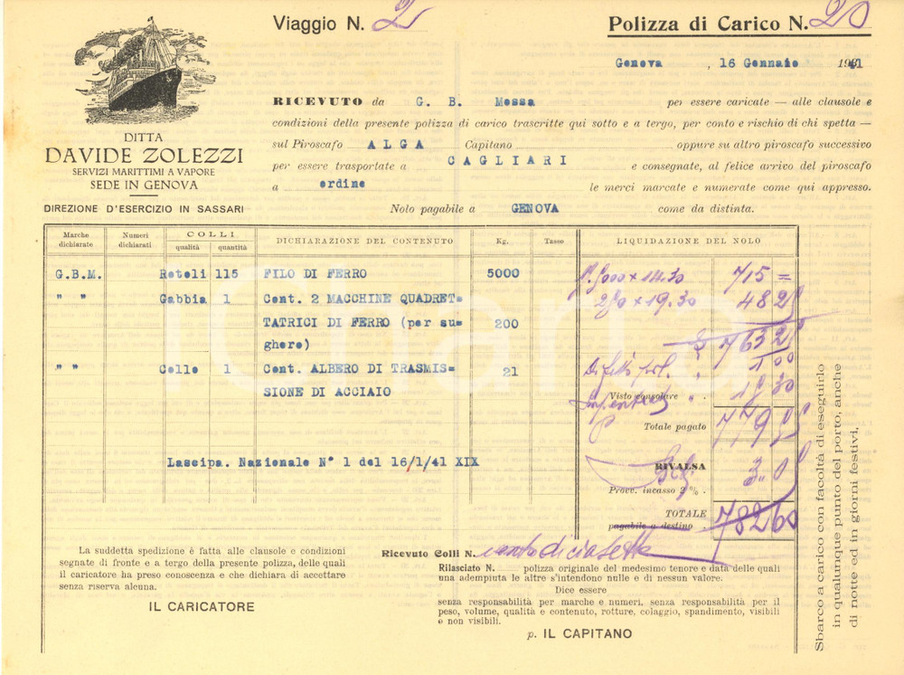 Documento originale, autentico 1931 GENOVA Ditta Davide ZOLEZZI  Polizza di carico piroscafo ALGA  Ferro 1