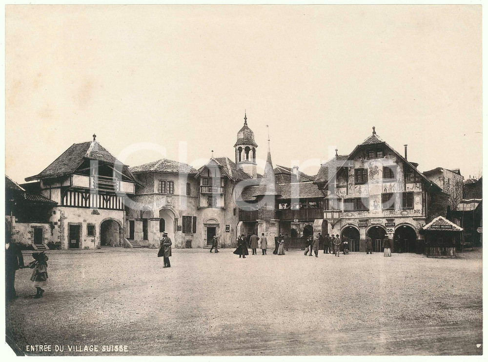 Fotografia d epoca originale 1896 GENEVE Exposition Nationale Suisse  Entrée Village Suisse Photo 22x17 cm 1