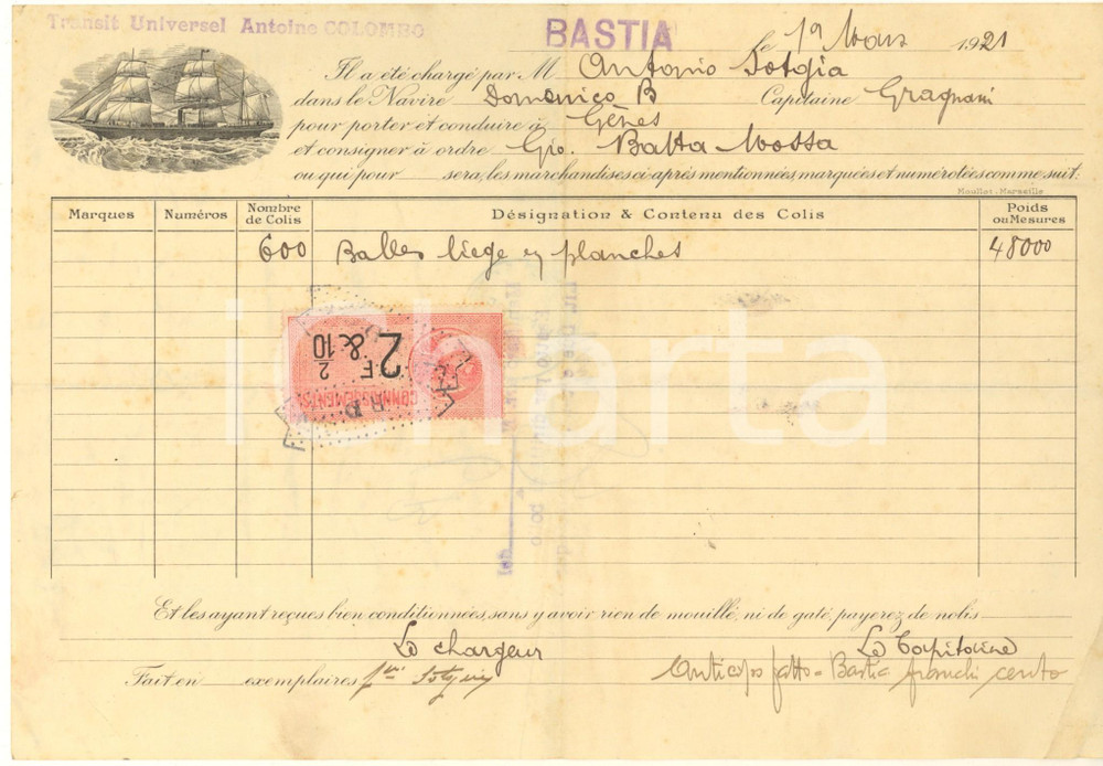 Documento originale, autentico 1921 BASTIA /CORSICA  Ditta Antonio COLOMBO  Polizza di carico nave DOMENICO B 1