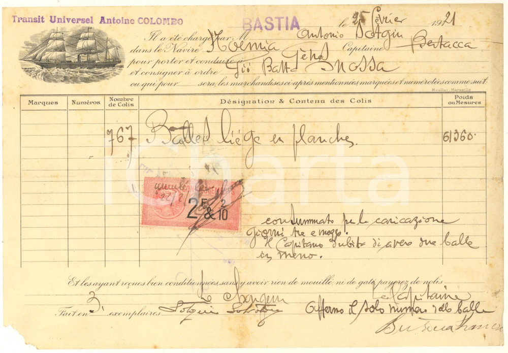 Documento originale, autentico 1921 BASTIA /CORSICA Ditta Antonio COLOMBO  Polizza di carico nave DOMENICO B 1