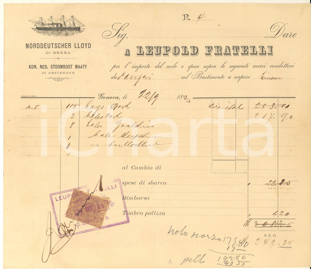 Documento originale, autentico 1890 NORDDEUTSCHER LLOYD BREMA  Polizza carico nave MINERVA LEUPOLD Fratelli 1