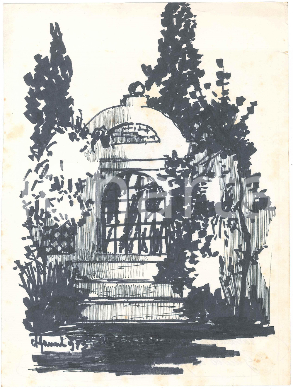 Opera d’arte autentica 1973 VALSANZIBIO PD Achille GAMBERINI  Giardino storico  Scorcio  Disegno 1