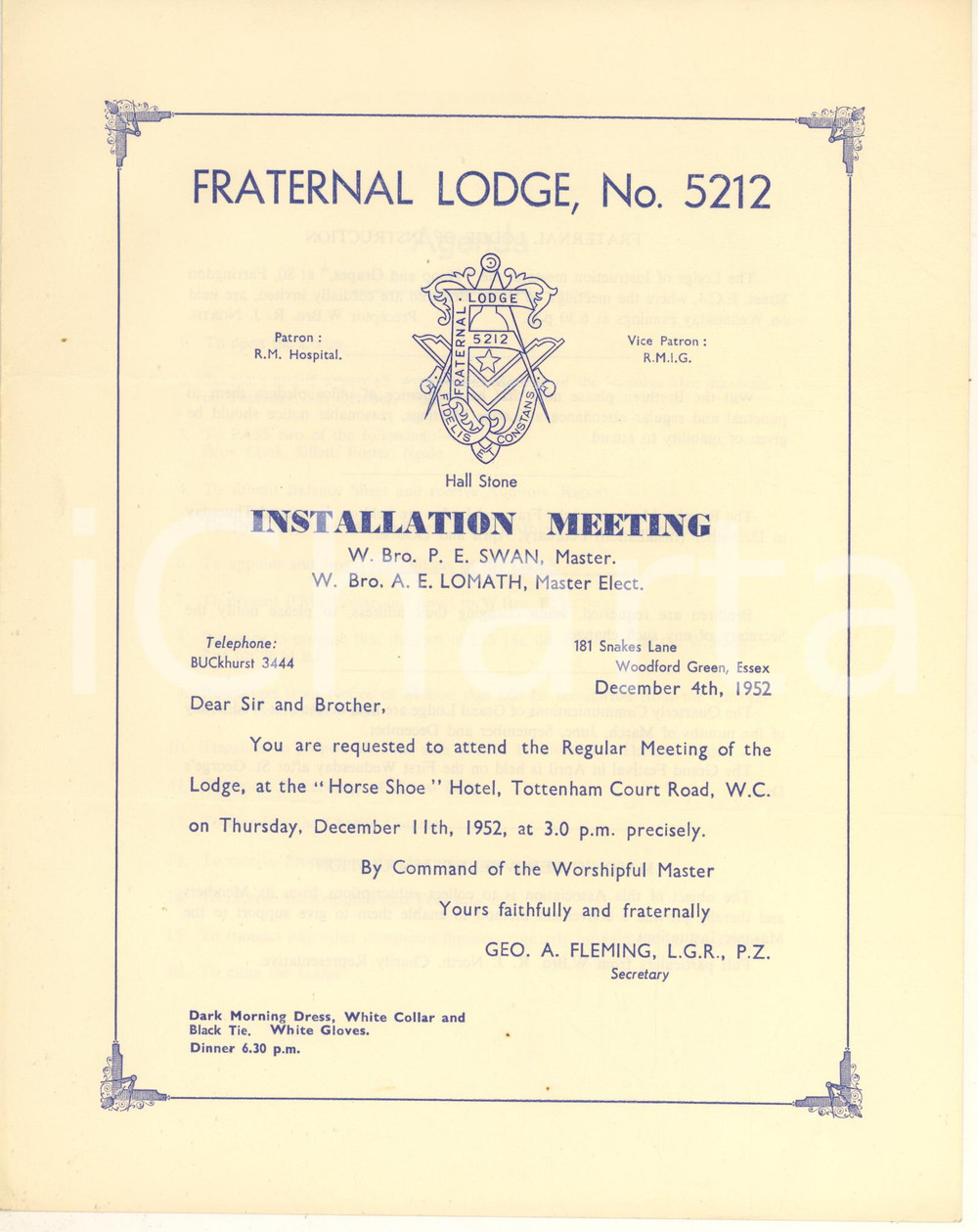 Documento originale, autentico 1952 LONDON FREEMASONRY Fraternal Lodge 5212  Meeting HORSE SHOE HOTEL 1