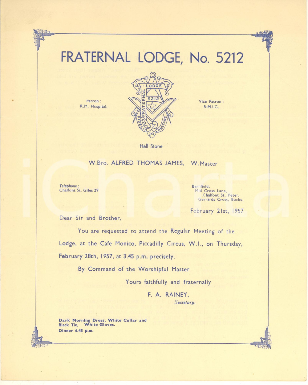 Documento originale, autentico 1957 LONDON FREEMASONRY Fraternal Lodge 5212  Regular Meeting CAFE MONICO 1
